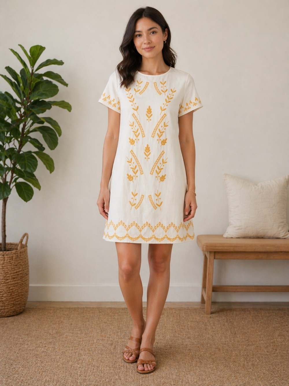 LOFT White with Golden Floral Embroidery Shift Dress